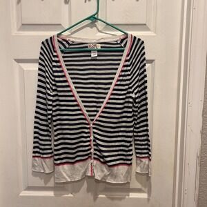 SO Cardigan Sweater Juniors L Navy Striped Button Down Long Sleeve Pink Trim y2k